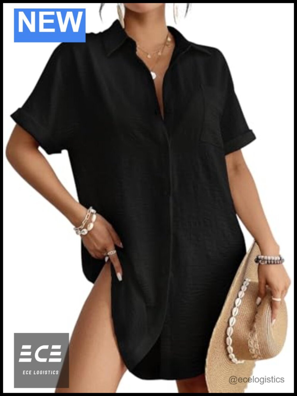 Women Button Down Swim Coverup Shirt Dress Short Sleeve Beach Vacation